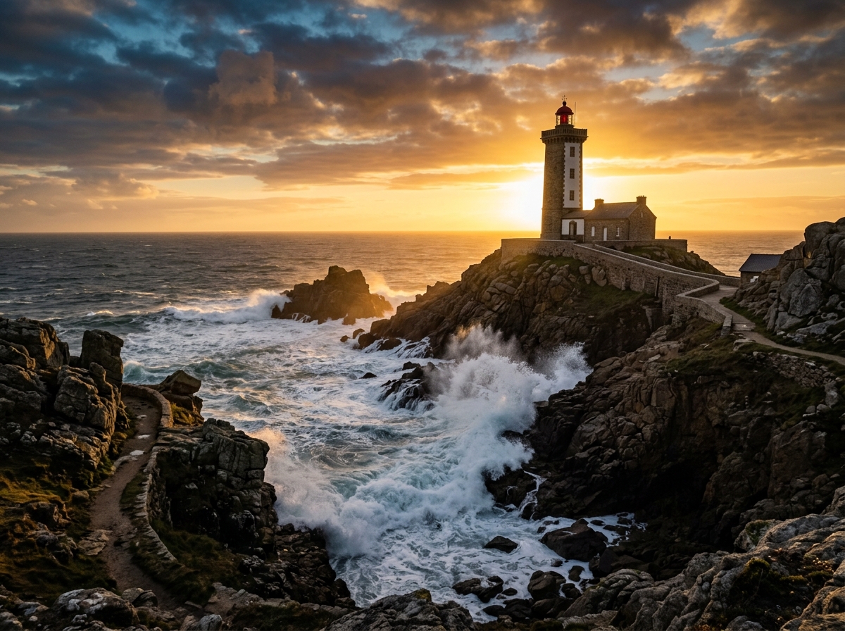 Falaises rocheuses de la côte Atlantique bretonne au coucher du soleil